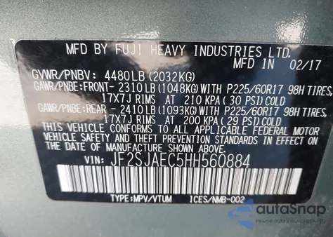 2017 Subaru Forester 2.5I Premium z USA, uszkodzony, nr VIN JF2SJAEC5HH560884